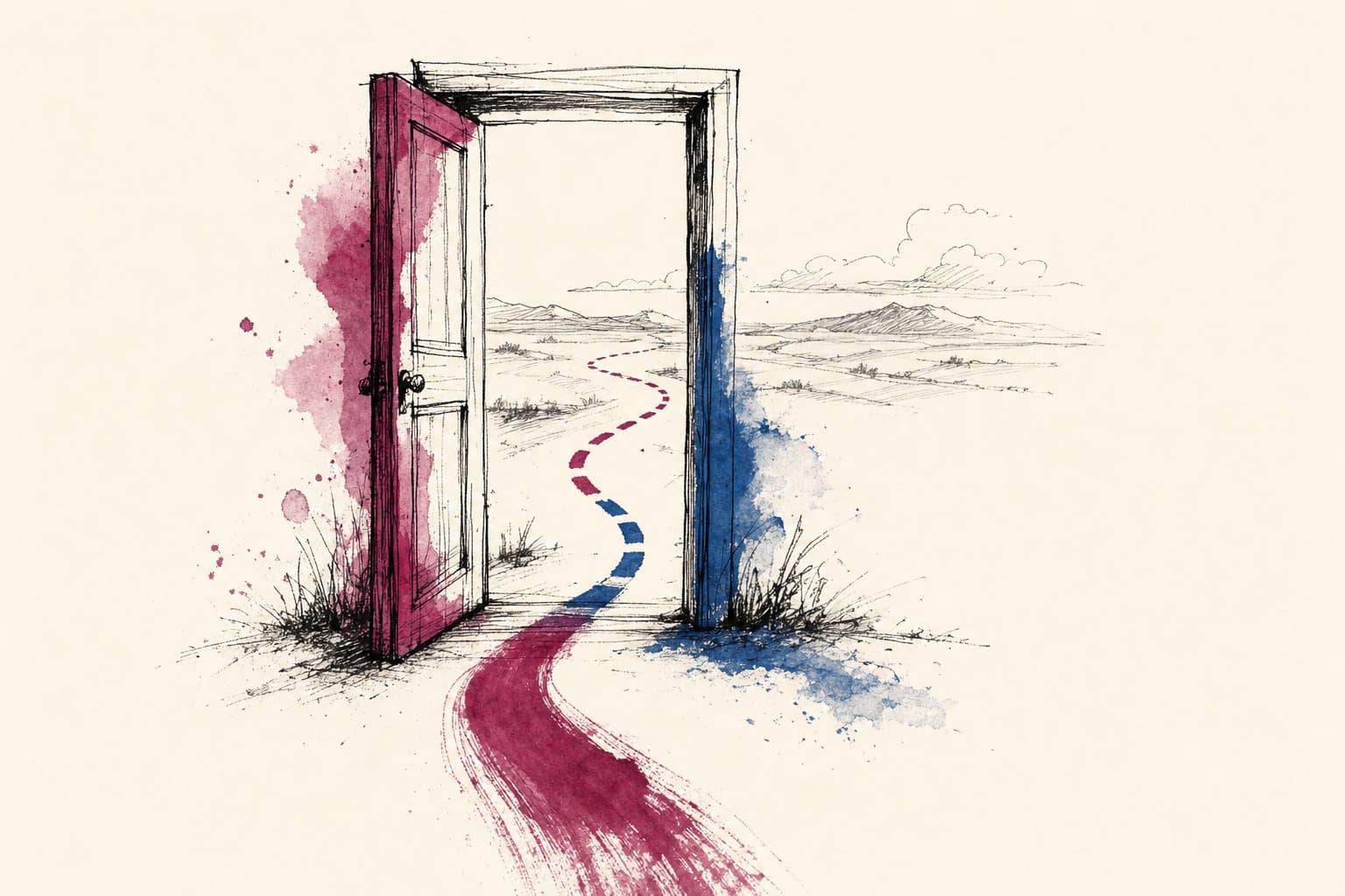 Ilustración de un camino que continúa más allá de una puerta de entrada, representando que el acceso educativo no termina en la inscripción