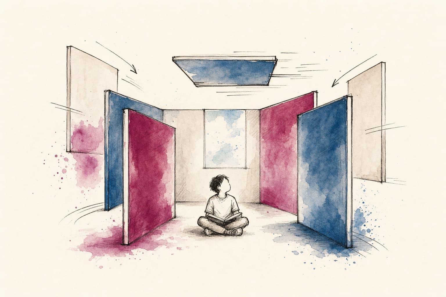 Ilustración de engranajes reconfigurándose alrededor de una figura central, representando un sistema que se adapta a la persona
